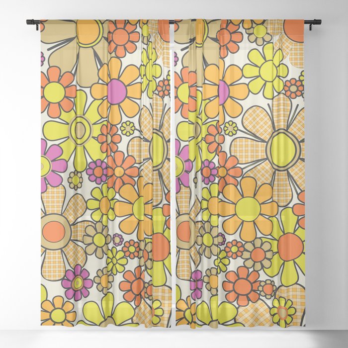 70s Retro Flowers Gingham Floral Pattern Orange Yellow Cream Window Curtain