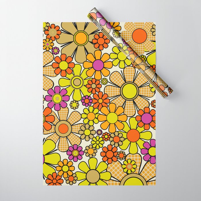 70s Retro Flowers Gingham Floral Pattern Orange Yellow Cream Wrapping Paper
