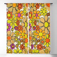 70s Retro Flowers Gingham Floral Pattern Orange Yellow Cream Window Curtain