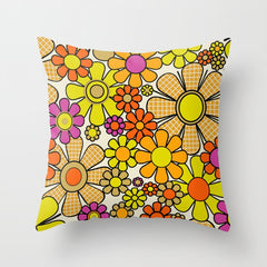 70s Retro Flowers Gingham Floral Pattern Orange Yellow Cream Throw Pillow