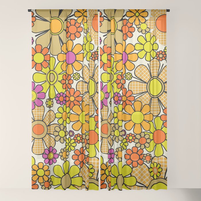 70s Retro Flowers Gingham Floral Pattern Orange Yellow Cream Window Curtain