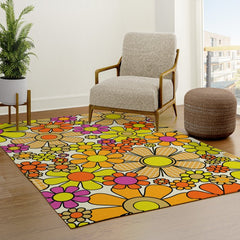 70s Retro Flowers Gingham Floral Pattern Orange Yellow Cream Rug
