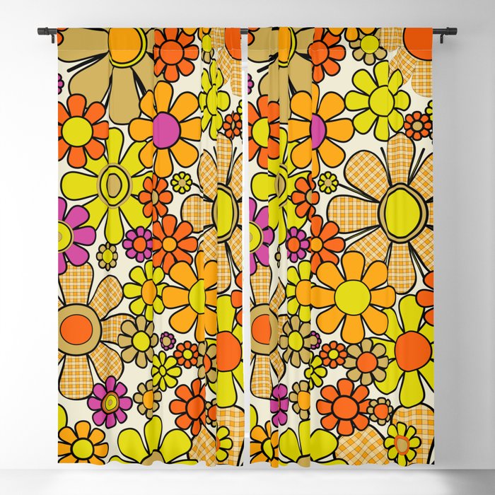 70s Retro Flowers Gingham Floral Pattern Orange Yellow Cream Window Curtain