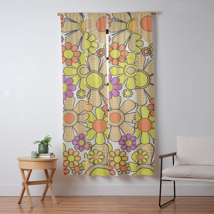 70s Retro Flowers Gingham Floral Pattern Orange Yellow Cream Window Curtain