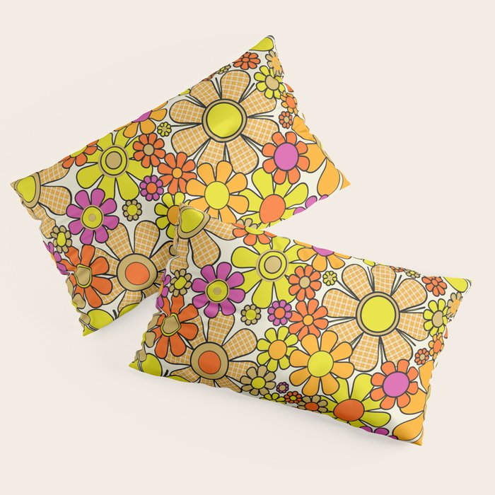 70s Retro Flowers Gingham Floral Pattern Orange Yellow Cream Pillow Sham