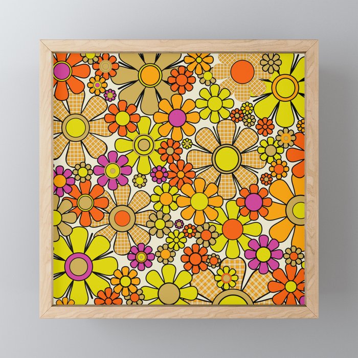 70s Retro Flowers Gingham Floral Pattern Orange Yellow Cream Mini Art Print