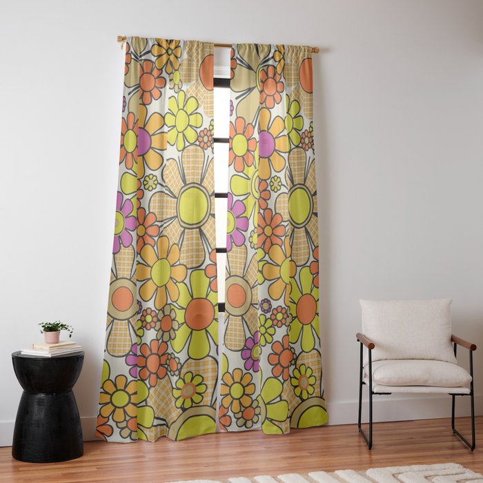 70s Retro Flowers Gingham Floral Pattern Orange Yellow Cream Window Curtain