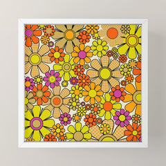 70s Retro Flowers Gingham Floral Pattern Orange Yellow Cream Mini Art Print