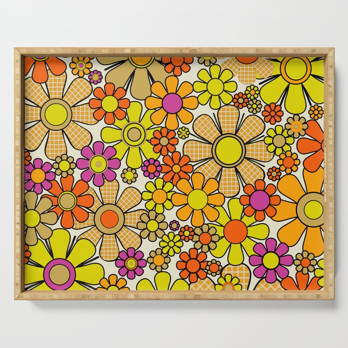 70s Retro Flowers Gingham Floral Pattern Orange Yellow Cream Serving Tray