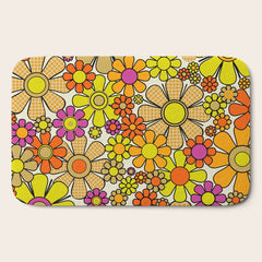 70s Retro Flowers Gingham Floral Pattern Orange Yellow Cream Bath Mat