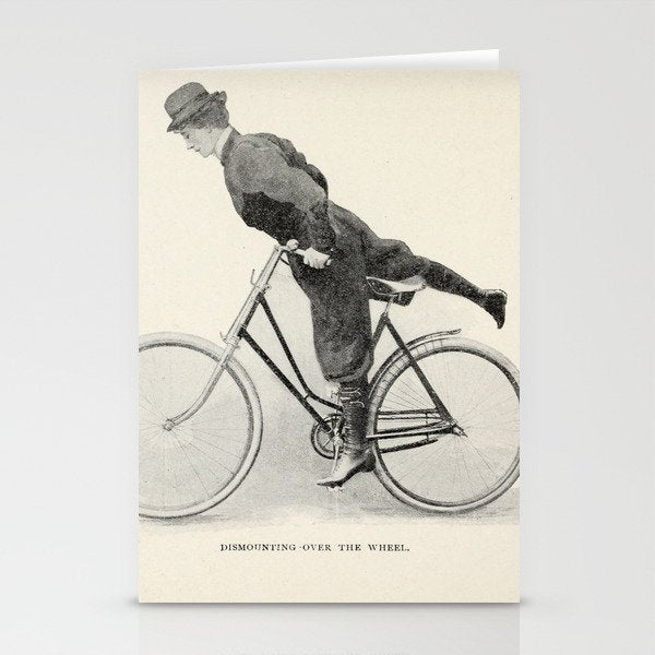 "Dismounting Over the Wheel" from "Bicycling for Ladies" by Maria E. Ward, 1896 Stationery Card