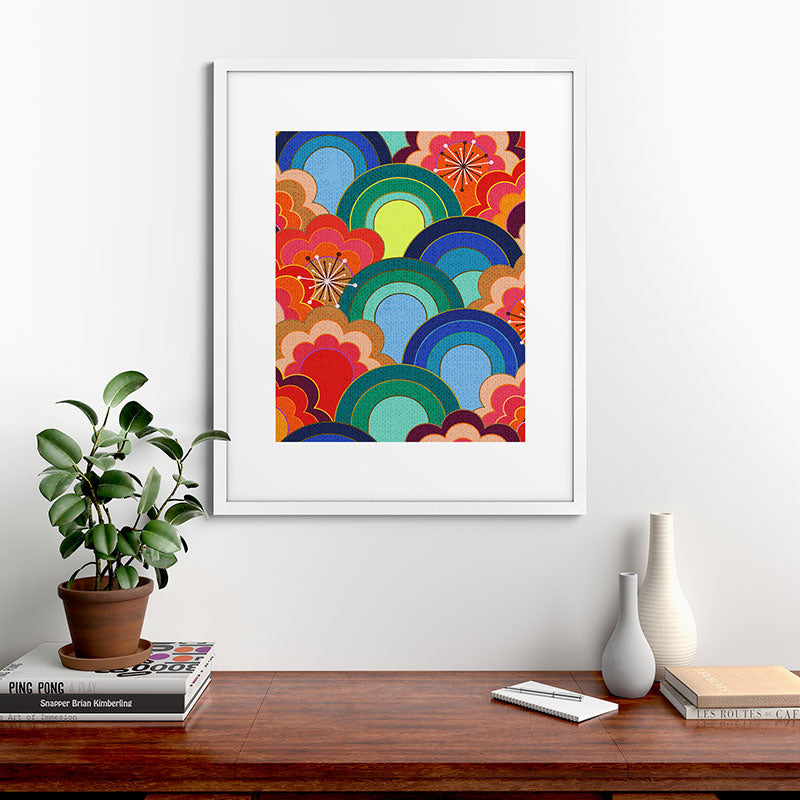 70s rainbow flowers sunset colors Framed Art Print
