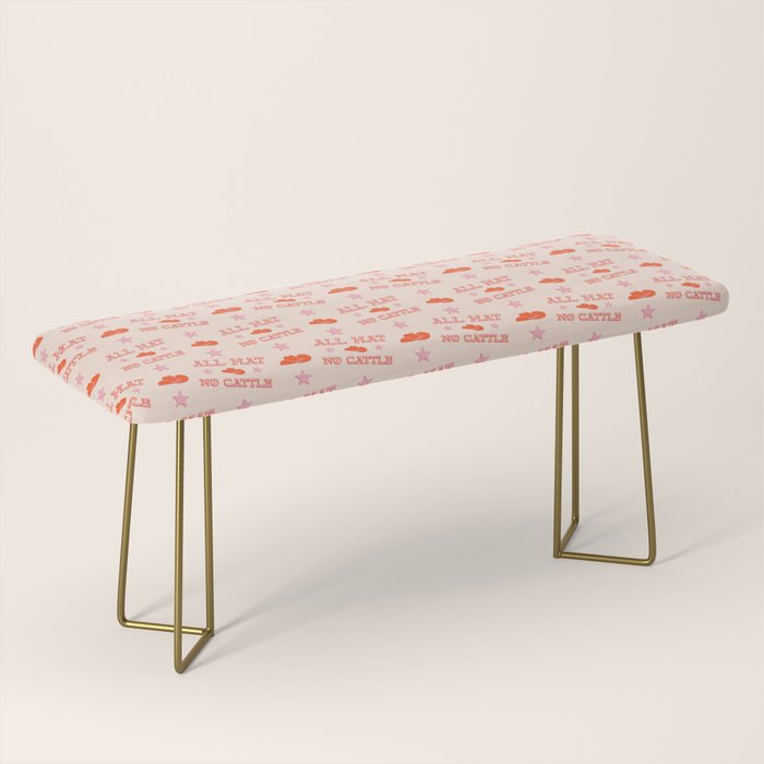 "All hat no cattle" in pink and orange retro western letters Bench