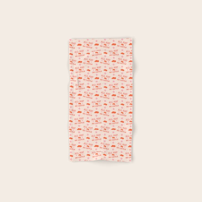 "All hat no cattle" in pink and orange retro western letters Bath Towel