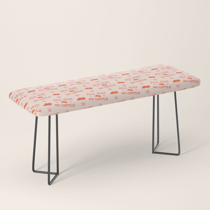 "All hat no cattle" in pink and orange retro western letters Bench