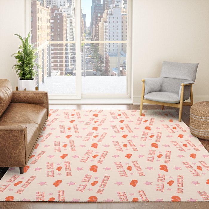 "All hat no cattle" in pink and orange retro western letters Rug