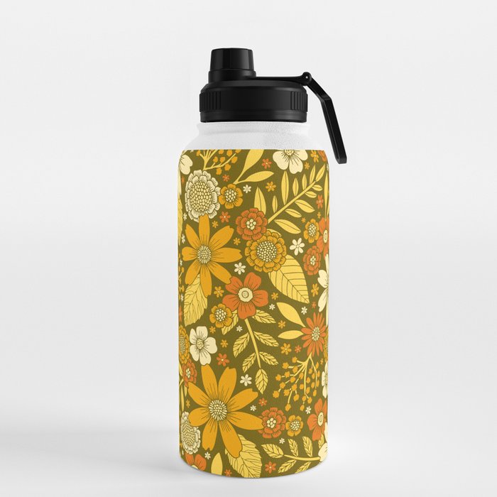 1970s Retro Flowers Pattern in Yellow, Orange & Olive Green Water Bottle