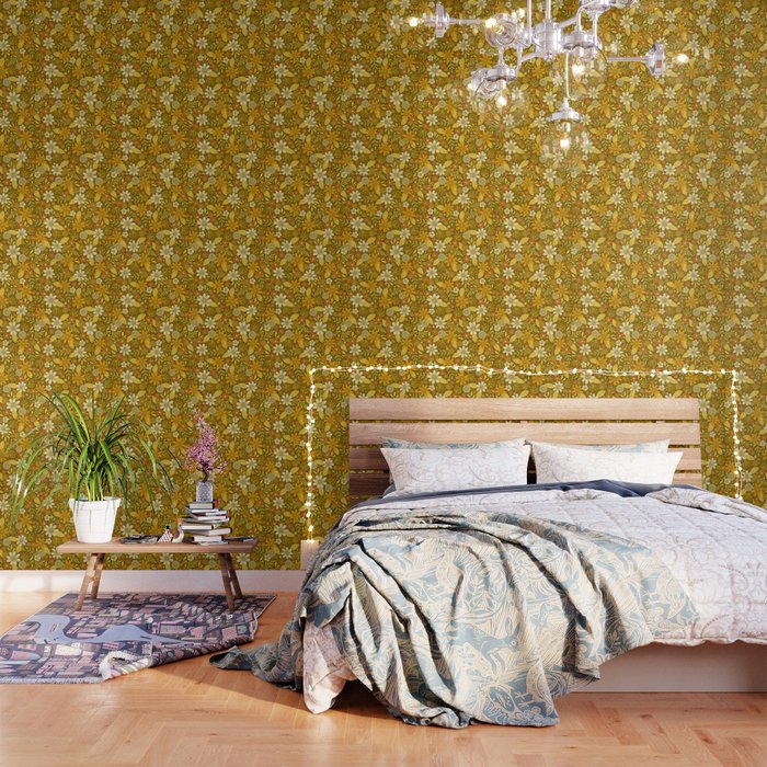 1970s Retro Flowers Pattern in Yellow, Orange & Olive Green Wallpaper