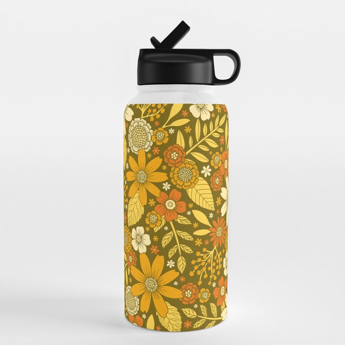 1970s Retro Flowers Pattern in Yellow, Orange & Olive Green Water Bottle