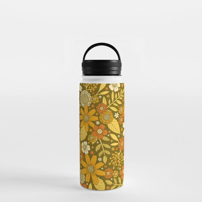 1970s Retro Flowers Pattern in Yellow, Orange & Olive Green Water Bottle
