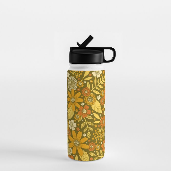1970s Retro Flowers Pattern in Yellow, Orange & Olive Green Water Bottle