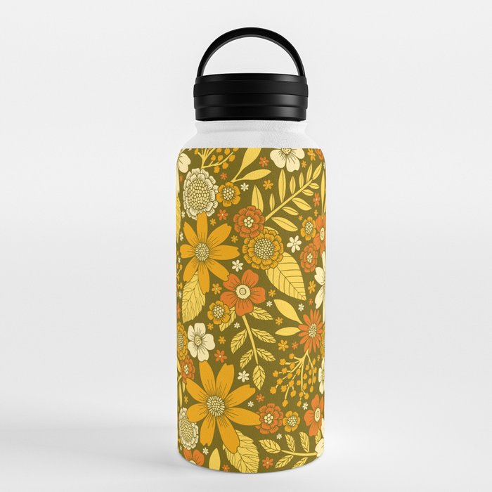1970s Retro Flowers Pattern in Yellow, Orange & Olive Green Water Bottle