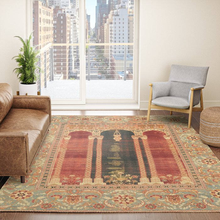 16th Century Carpet with Triple-Arch Design Turkish Print Rug