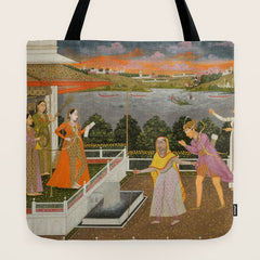 A blindfolded suitor is brought before a princess; verso/ scrolling floral vines 1755 Fayzullah Indian Miniature Painting  Tote Bag