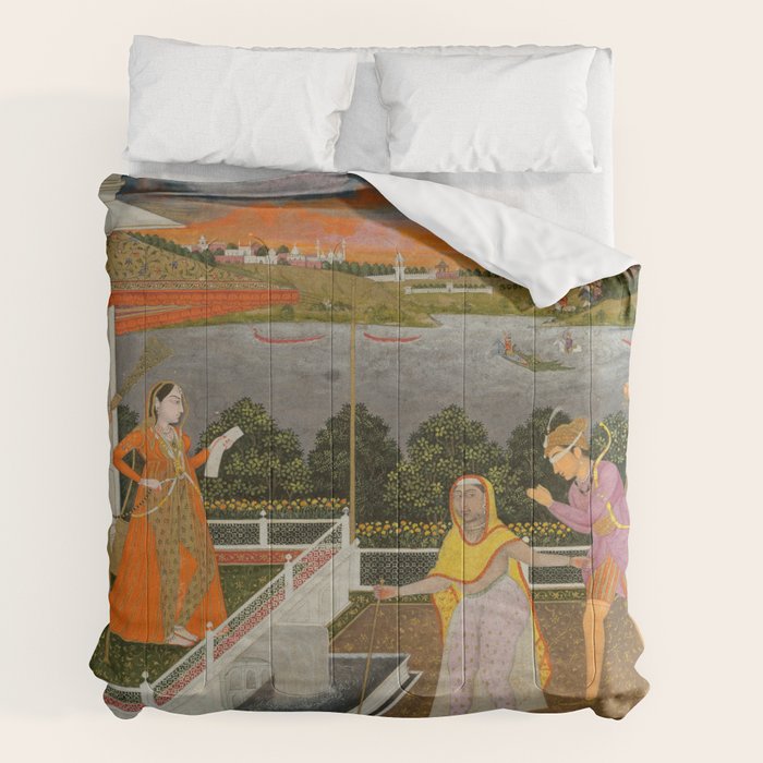 A blindfolded suitor is brought before a princess; verso/ scrolling floral vines 1755 Fayzullah Indian Miniature Painting  Comforter