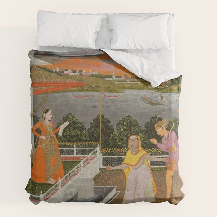 A blindfolded suitor is brought before a princess; verso/ scrolling floral vines 1755 Fayzullah Indian Miniature Painting  Duvet Cover
