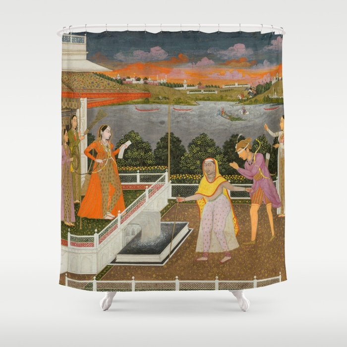 A blindfolded suitor is brought before a princess; verso/ scrolling floral vines 1755 Fayzullah Indian Miniature Painting  Shower Curtain