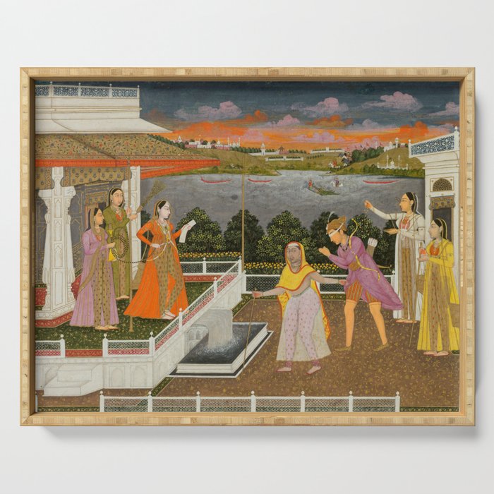 A blindfolded suitor is brought before a princess; verso/ scrolling floral vines 1755 Fayzullah Indian Miniature Painting  Serving Tray