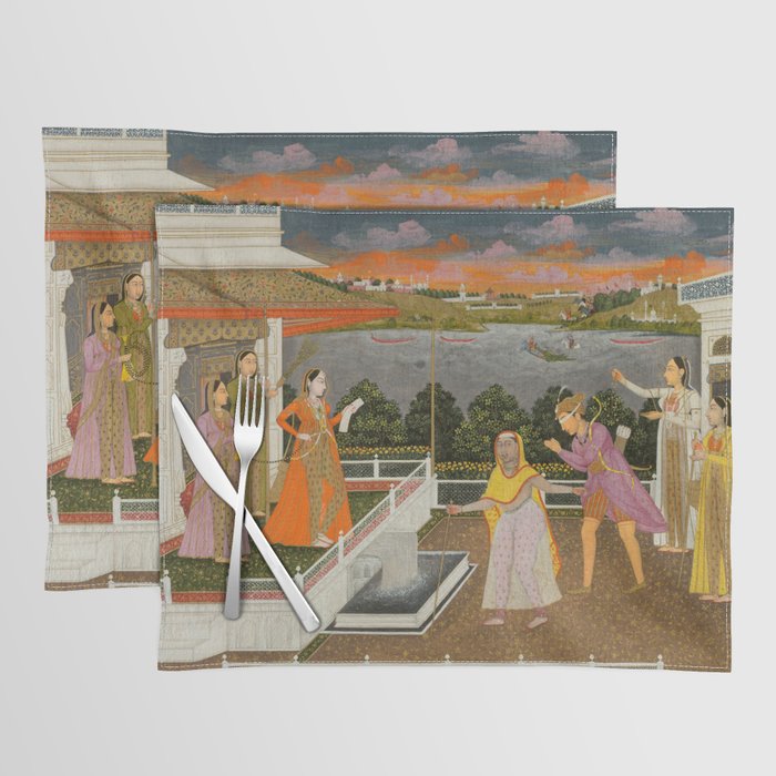 A blindfolded suitor is brought before a princess; verso/ scrolling floral vines 1755 Fayzullah Indian Miniature Painting  Placemat