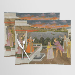 A blindfolded suitor is brought before a princess; verso/ scrolling floral vines 1755 Fayzullah Indian Miniature Painting  Placemat