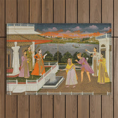A blindfolded suitor is brought before a princess; verso/ scrolling floral vines 1755 Fayzullah Indian Miniature Painting  Outdoor Rug