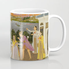 A blindfolded suitor is brought before a princess; verso/ scrolling floral vines 1755 Fayzullah Indian Miniature Painting  Coffee Mug