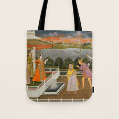 A blindfolded suitor is brought before a princess; verso/ scrolling floral vines 1755 Fayzullah Indian Miniature Painting  Tote Bag