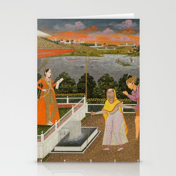 A blindfolded suitor is brought before a princess; verso/ scrolling floral vines 1755 Fayzullah Indian Miniature Painting  Stationery Card