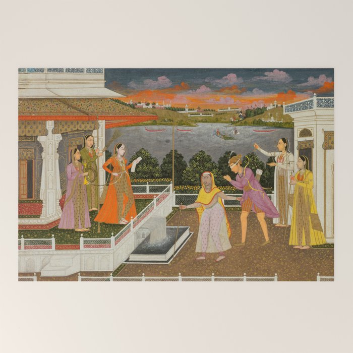 A blindfolded suitor is brought before a princess; verso/ scrolling floral vines 1755 Fayzullah Indian Miniature Painting  Welcome Mat