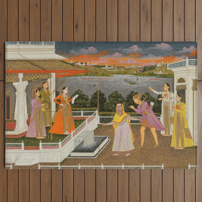 A blindfolded suitor is brought before a princess; verso/ scrolling floral vines 1755 Fayzullah Indian Miniature Painting  Outdoor Rug