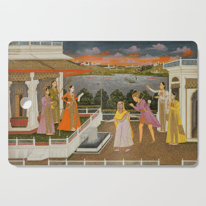 A blindfolded suitor is brought before a princess; verso/ scrolling floral vines 1755 Fayzullah Indian Miniature Painting  Cutting Board