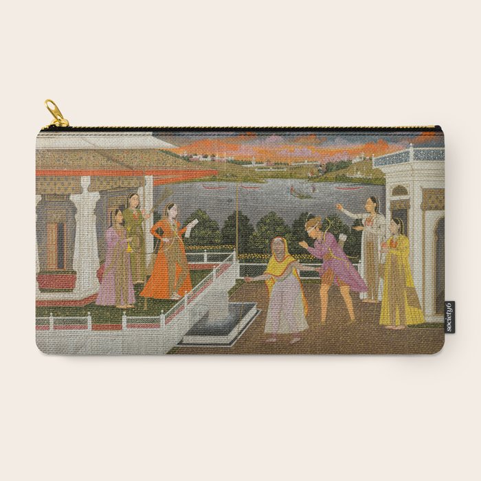 A blindfolded suitor is brought before a princess; verso/ scrolling floral vines 1755 Fayzullah Indian Miniature Painting  Carry All Pouch