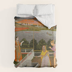 A blindfolded suitor is brought before a princess; verso/ scrolling floral vines 1755 Fayzullah Indian Miniature Painting  Duvet Cover