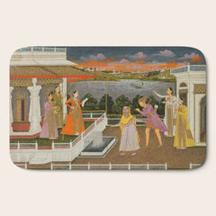 A blindfolded suitor is brought before a princess; verso/ scrolling floral vines 1755 Fayzullah Indian Miniature Painting  Bath Mat