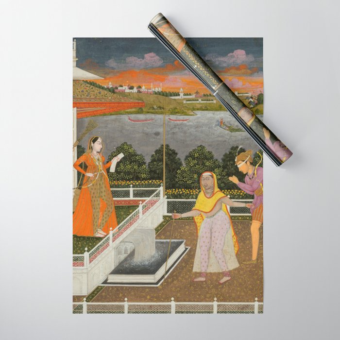 A blindfolded suitor is brought before a princess; verso/ scrolling floral vines 1755 Fayzullah Indian Miniature Painting  Wrapping Paper