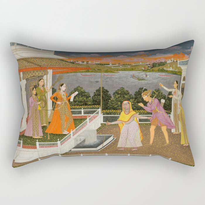 A blindfolded suitor is brought before a princess; verso/ scrolling floral vines 1755 Fayzullah Indian Miniature Painting  Rectangular Pillow