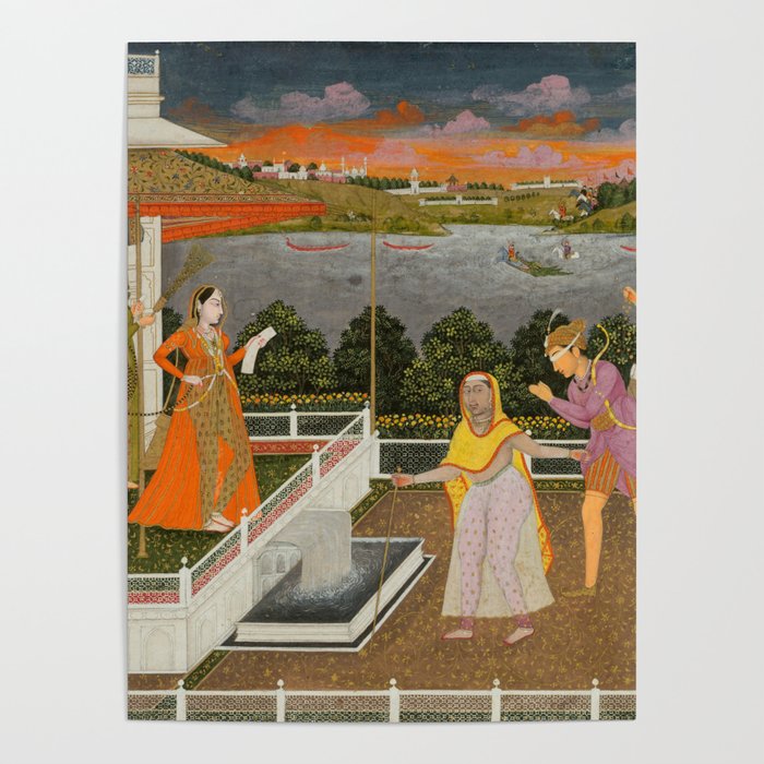 A blindfolded suitor is brought before a princess; verso/ scrolling floral vines 1755 Fayzullah Indian Miniature Painting  Poster