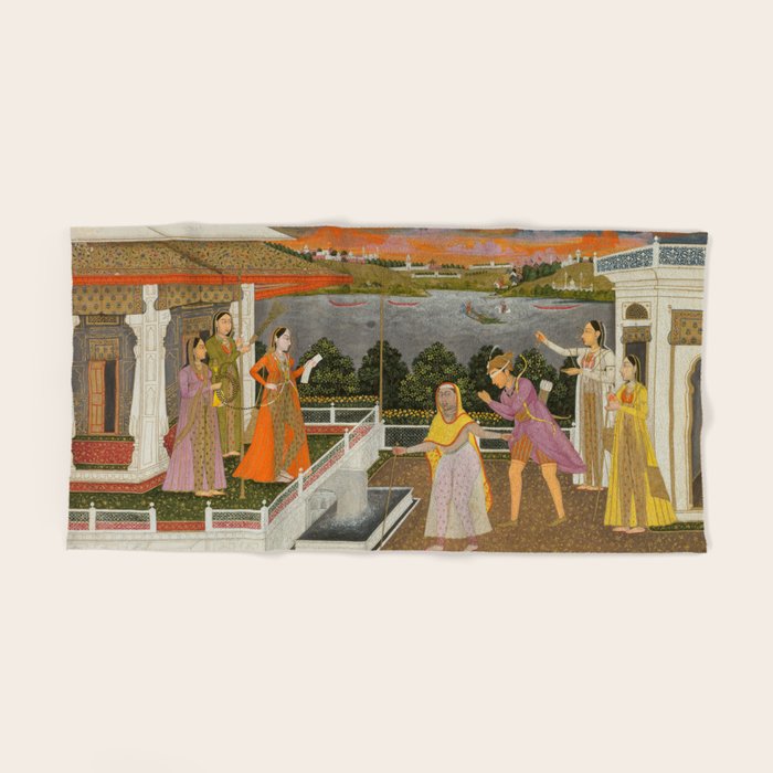 A blindfolded suitor is brought before a princess; verso/ scrolling floral vines 1755 Fayzullah Indian Miniature Painting  Bath Towel