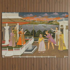 A blindfolded suitor is brought before a princess; verso/ scrolling floral vines 1755 Fayzullah Indian Miniature Painting  Outdoor Rug
