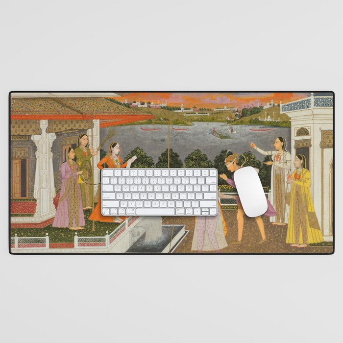 A blindfolded suitor is brought before a princess; verso/ scrolling floral vines 1755 Fayzullah Indian Miniature Painting  Desk Mat